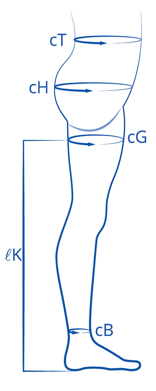 Diagrams showing where to measure body to determine tights size.
